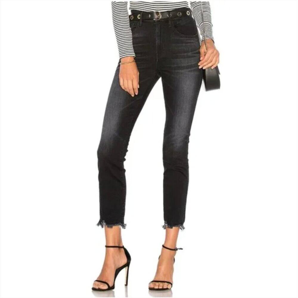 3X1 Authentic Straight Leg High Rise Frayed Hem Jeans in Shake Black Wash